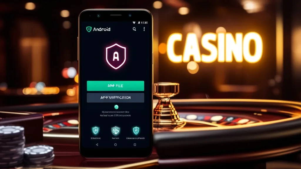 Android-telefoon met APK-bestand en veiligheidscontrole in een casinoruimte