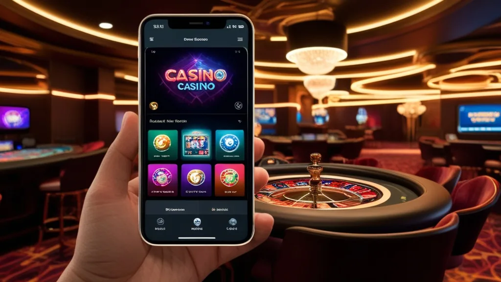 Mobiele casino-interface met speltegels en snelkoppelingen op een smartphone