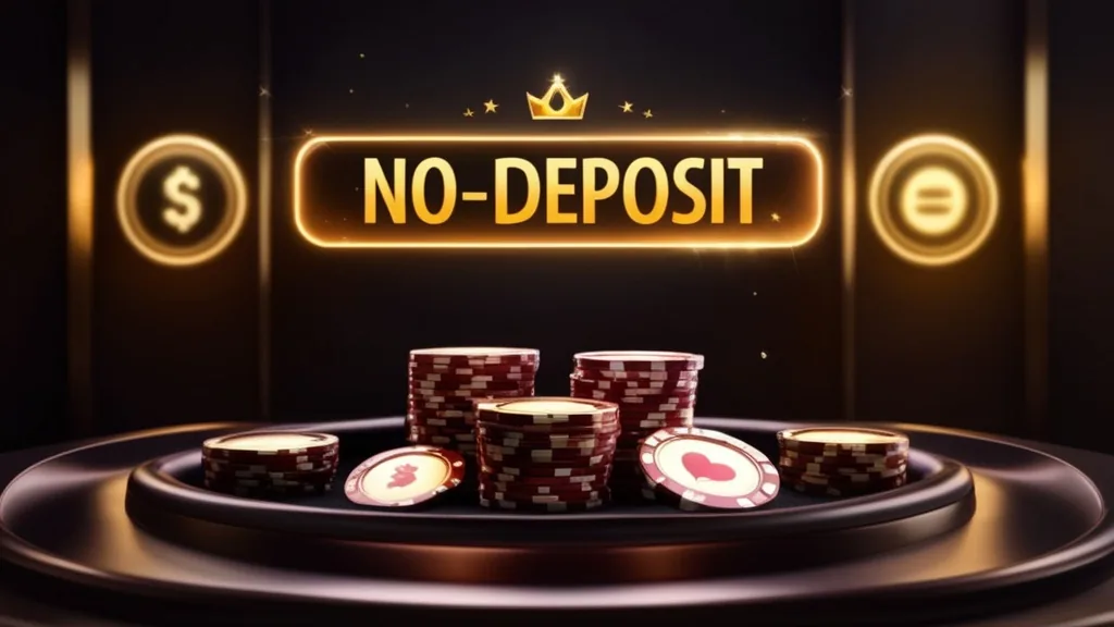 Donkere casino-scène met een no deposit bonus en gratis spins